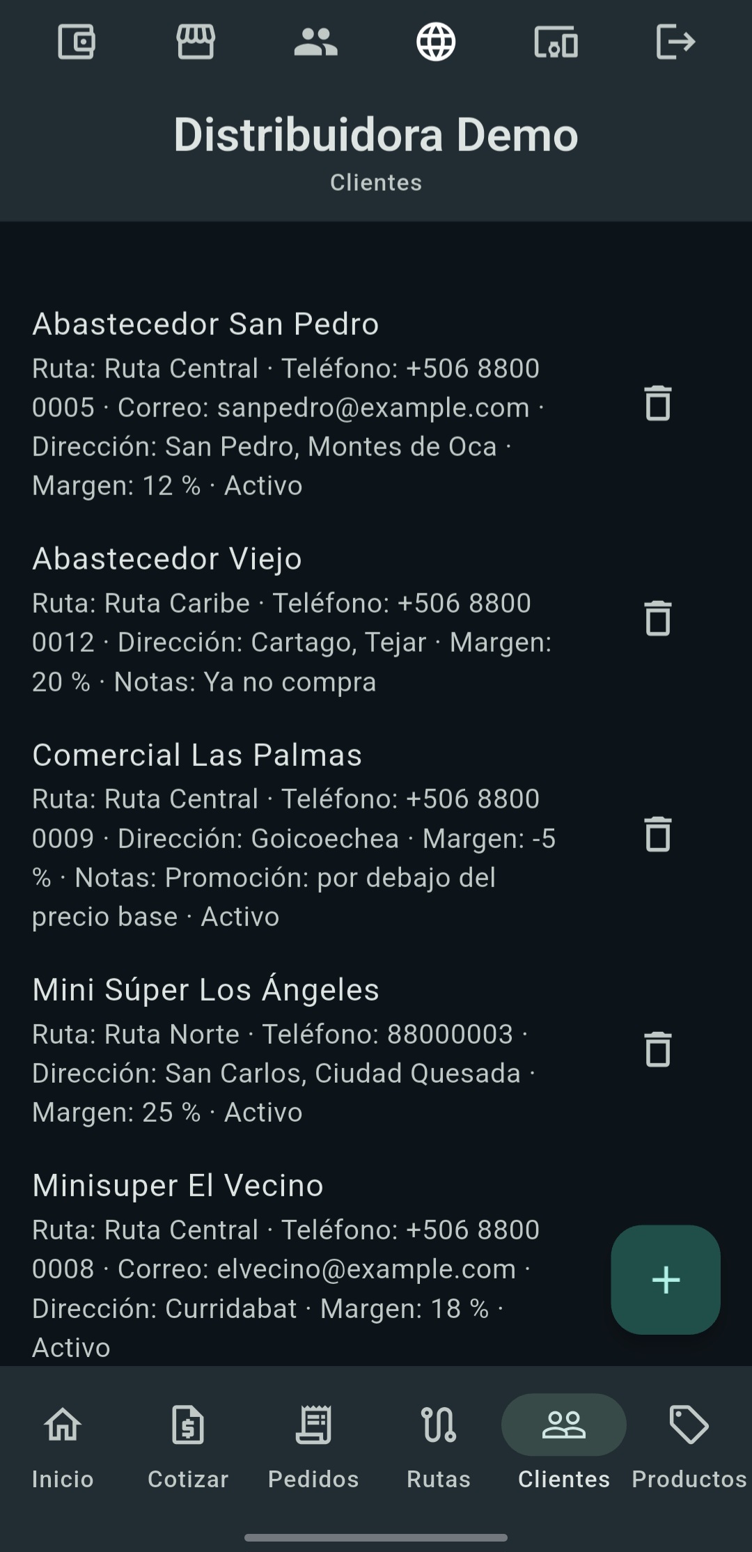 Lista de clientes de la ruta en Visto Listo
