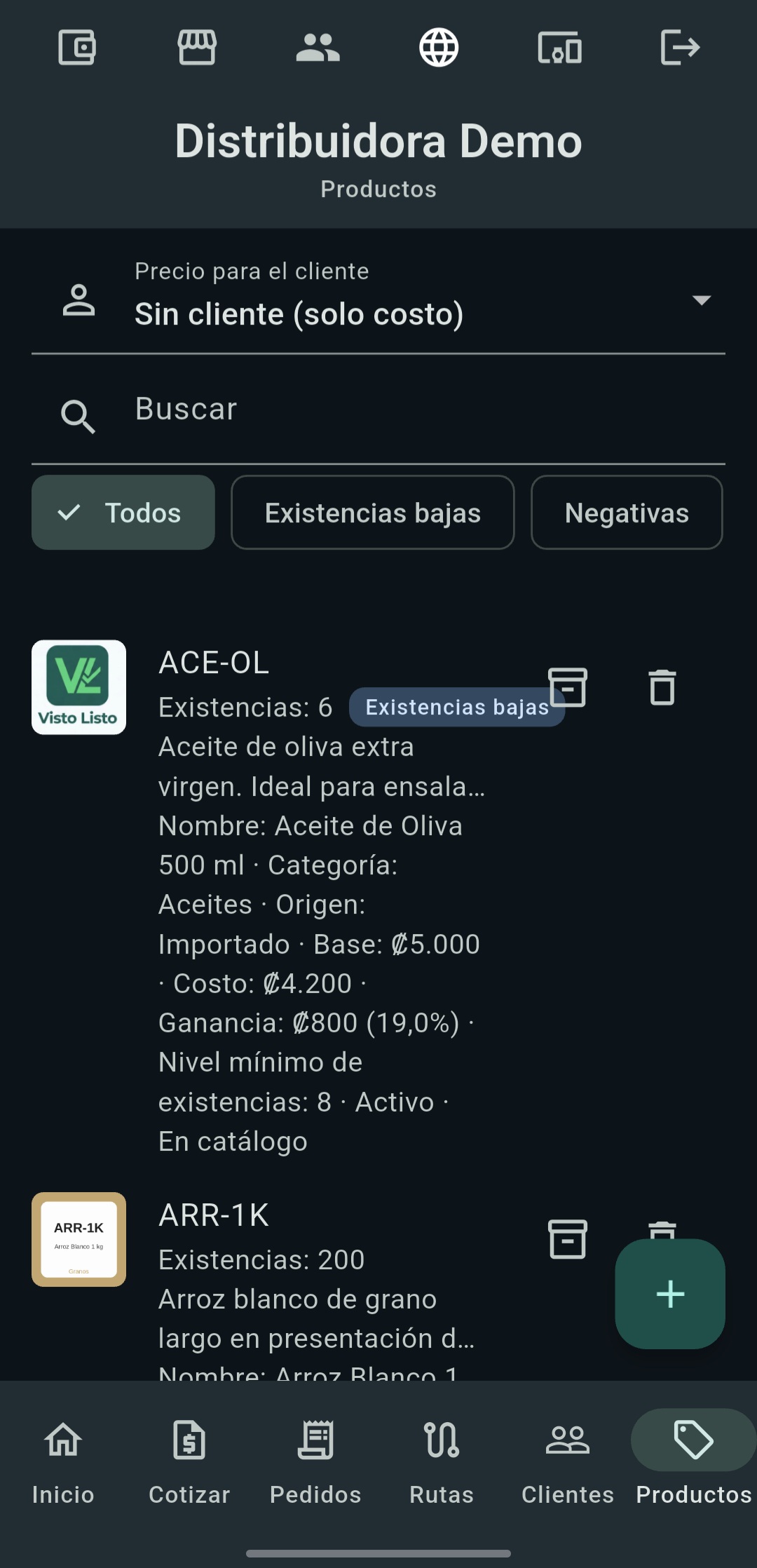 Inventario de productos con existencias